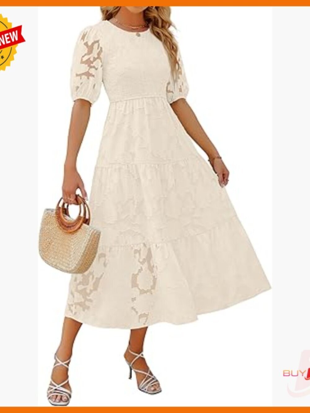 Floral Lace Maxi Dress with Puff Sleeves Smocked Bodice Midi Tiered
